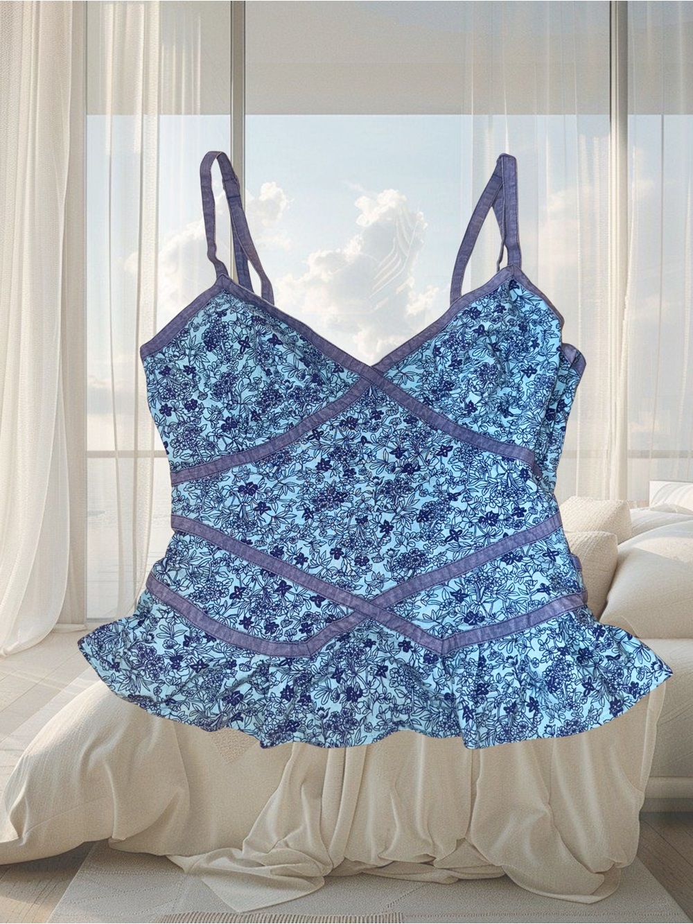 Vintage Y2K Cottage Whimsical Summer Party Blue Ruffle Floral Lace Cami Tank Top